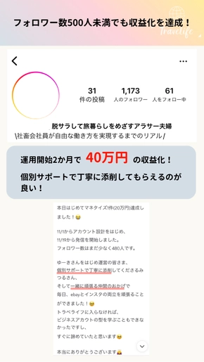 フォロワー数500人未満でも収益化を達成！運用開始2か月で40万円の収益化！ 個別サポートで丁寧に添削してもらえるのが良い！